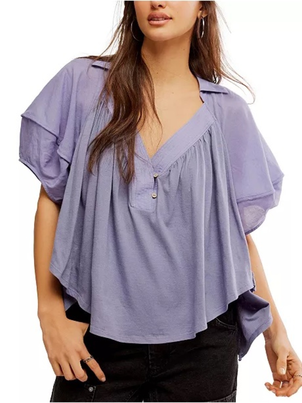 We The Free Sunday Babydoll Top: Lavender V-Neck Short Sleeve Tunic Top